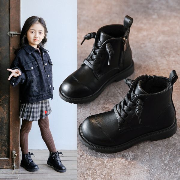 

70% off factory online boys' martin boots 2021 new autumn and winter plush british leather children's short cotton shoes thickened, Black