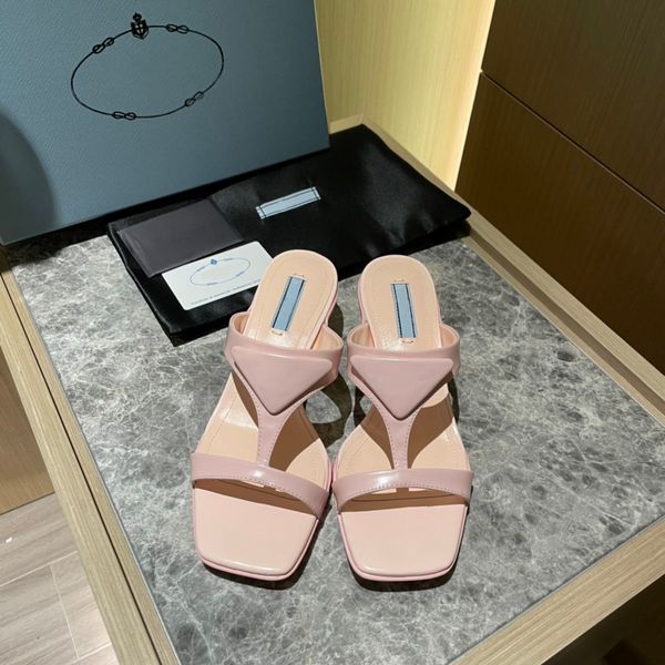 

luxurious designer triangular sandals brushed leather rubber sandal flat bottom elegant and casual outdoor women's square head slippers, Black