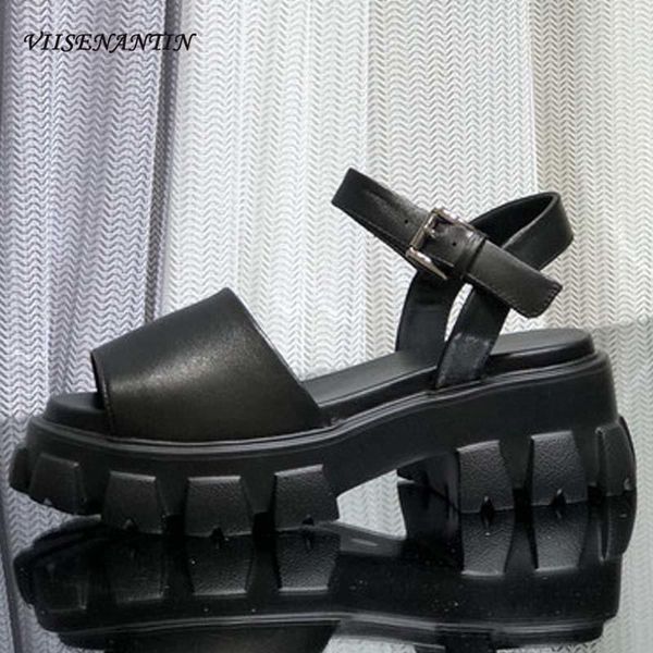 

sandals genuine leather open-toe platform women's thick-heel sole t-shaped buckle patent white roman, Black