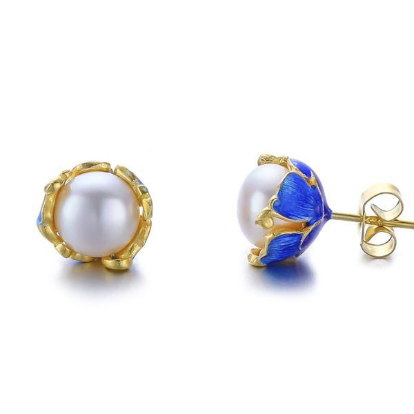 

fine jewelry s 925 sterling silver rose gold earrings inlaid pearl beads earrings cloisonne craft ear studs sapphire earrings, Red;blue