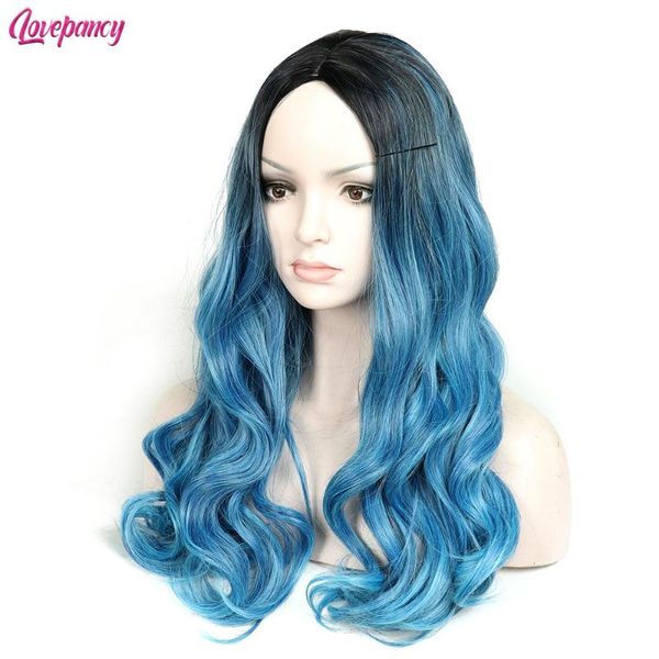 

synthetic wigs long wavy ombre brown pink for women natural wave wig part heat resistant fiber hair lovepancy, Black