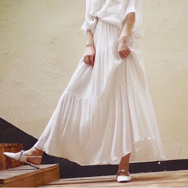 

skirts summer women white long high waist stretch cotton and linen saia a-line faldas jupe femme cpb0, Black