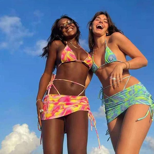 

women's swimwear lace up two piece sets bikini summer 2021 women clothes skirt vacation suits ruched halter short dress, White;black