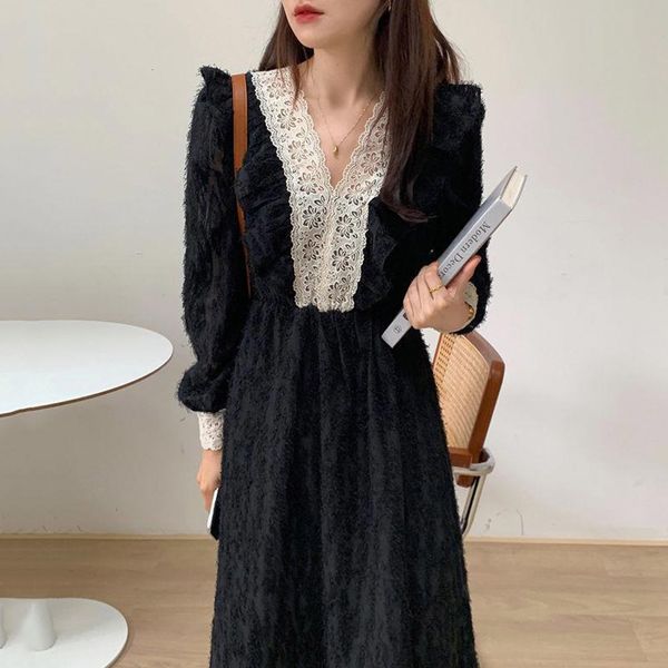 

goth women vintage spring female a-line patchwork high waist long sleeve office lady retro young girl 2021 new tlbq, Black;gray