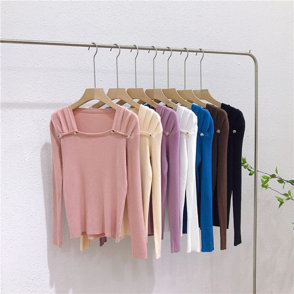 

2021 New neck sweater women buttons niche design sense solid color bottoming shirt all-match tops Slim fit X4WD, White;black