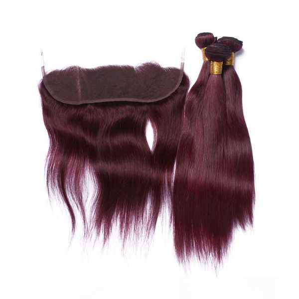 

brazilian burgundy human hair with frontal 4pcs lot #99j wine red brazilian human hair 3bundles with 1pc straight 13x4 lace frontal closure, Black;brown