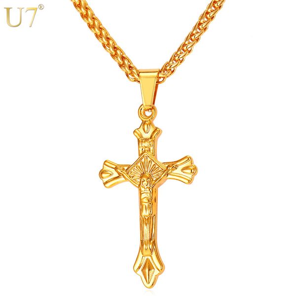Collana unica con croce latina per uomo gioielli in acciaio inossidabile placcato oro 18 carati crocifisso alla moda religioso cristiano Gesù croce pendente P825