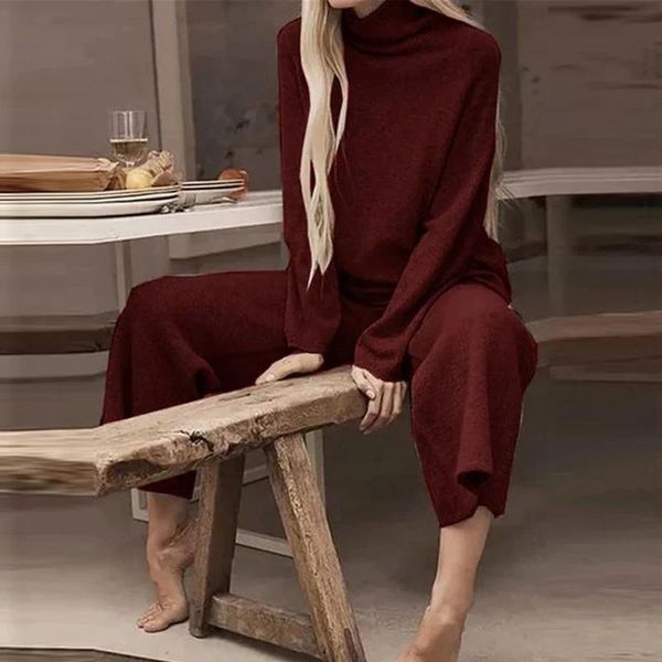 

women's pants & capris knitted tracksuit women high waist knit wide leg suit 2 piece set autumn winter 2021 two, Black;white