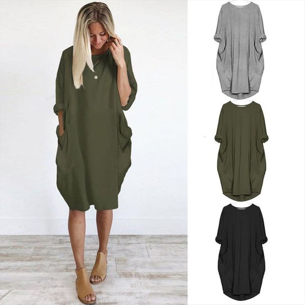 

vintage solid color women dresses plus size pocket loose crew neck casual oversized baggy hem vestidos, Black;gray