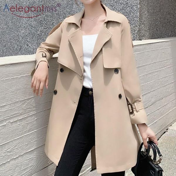 

women's trench coats aelegantmis korean casual coat with belts double breasted lapel female windbreaker fashion office outerwear 2021 c, Tan;black