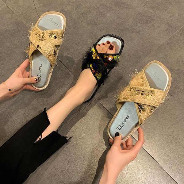 

slippers for women outer wear 2021 summer fairy style all-match non-slip flat sandals female rubber sole outside slides, Black