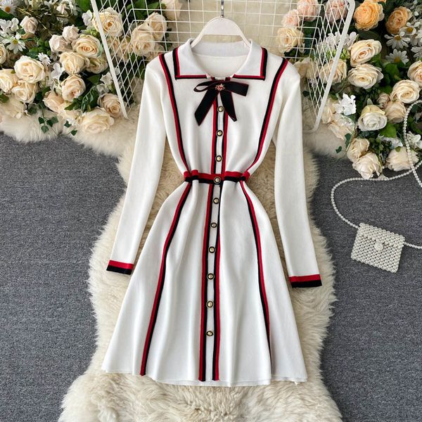 

2021 new autumn women korean casual long sleeve robe femme striped bowknot lapel elegant streetwear knitted sweater es fcun, Black;gray