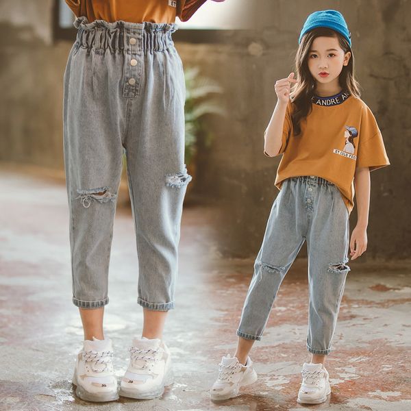 Jeans a vita alta in denim da bambina Pantaloni strappati con foro sottile Jeans casual Pantaloni larghi in ravanello streetwear Pantaloni grandi per pantaloni 210317