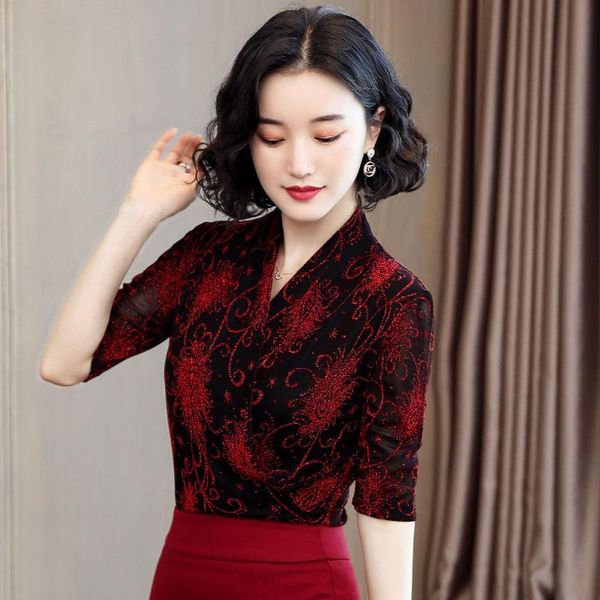 

women's blouses & shirts mesh lace self-cultivation bottoming shirt female v-neck bright silk middle sleeve was thin cutout printed fas, White