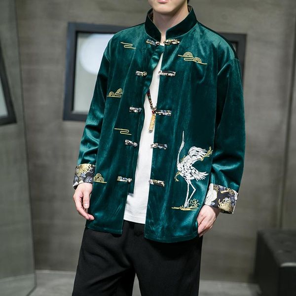 

ethnic clothing autumn chinese style men's corduroy embroidery long sleeve shirt button stand collar coat han tang traditional, Red