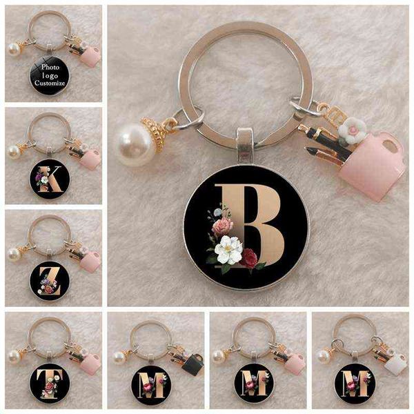

diy charm enamel pen holder teacher's day gift keychain, simple black a-z letter pattern glass cabochon keychain, pearl keychain h1126, Silver