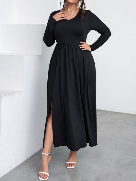 

plus split thigh a-line dress u2xq#, Black
