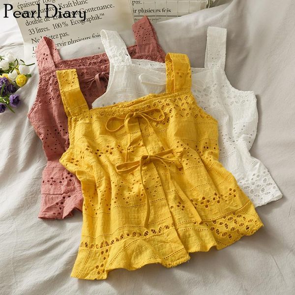 

women's tanks & camis pearl diary women cotton crop vest embroidery tie bow front sweet cute slash neck strappy flounce hem beach vests, White