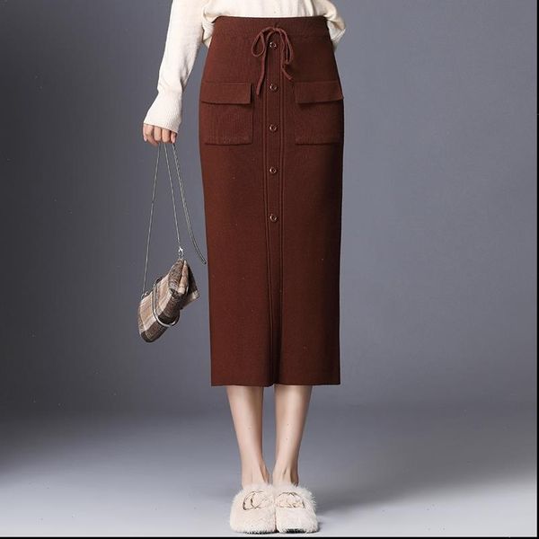 

women knit long pencil skirt elastic high waist drawstring sweater skirt autumn winter elegant midi skirts pocket button, Black
