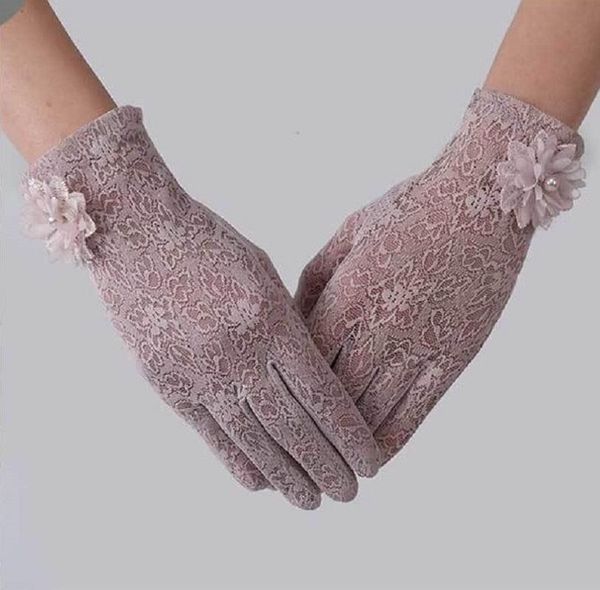 

five fingers gloves spring summer driving women touch screen uv sun against short thin cotton lace sunflower fashion nonslip, Blue;gray