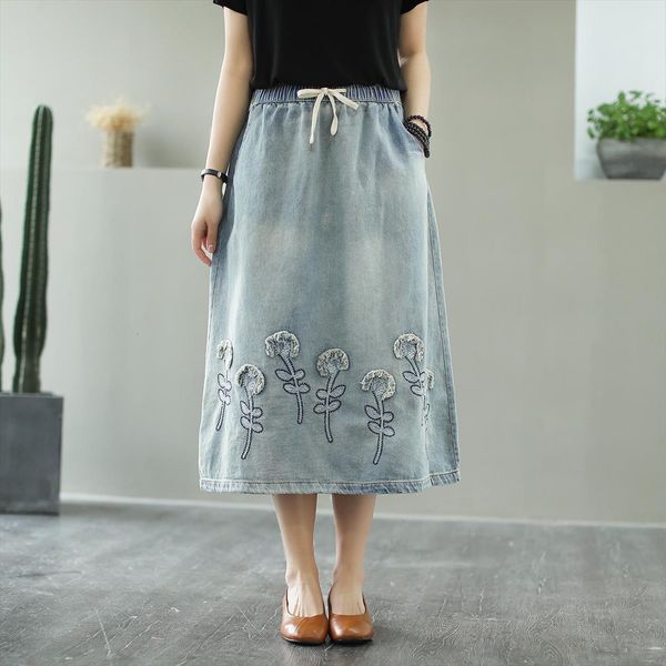 

summer floral embroidery midi women skirt denim vintage art casual plus size drawstring elastic high waist jeans skirts female, Black