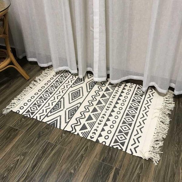 

carpets nordic hand woven cotton linen tassel carpet bedside rug for geometric floor living room sofa end table bedroom home decoration