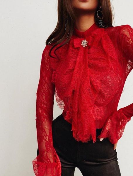

2021 women fashion long sleeve tie neck lace shirt ladies formal blouse clothes summer clothes, White