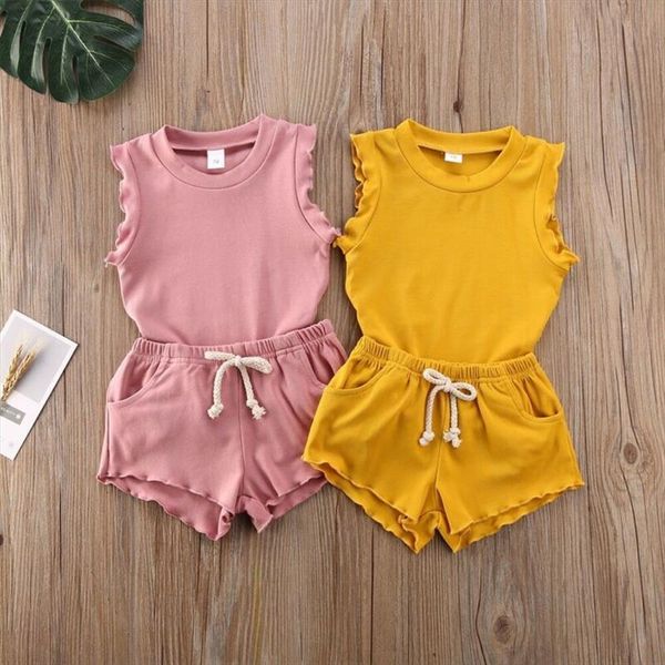 

summer 2pcs children toddler kids clothes set little baby girls sleeveless tank lace up shorts pants outfit clothing, White