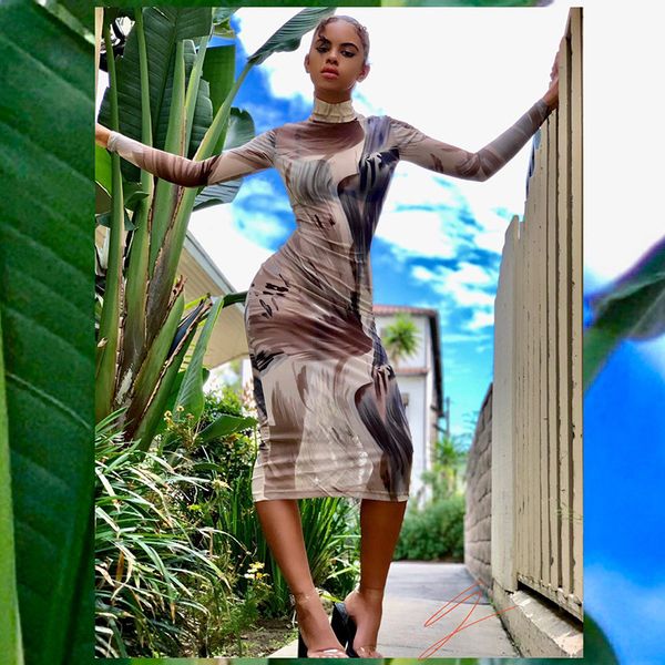 

2021 spring new printed mesh long sleeve dress women clubwear elegant transparent bodycon midi dresses d85-bb13, Black;gray