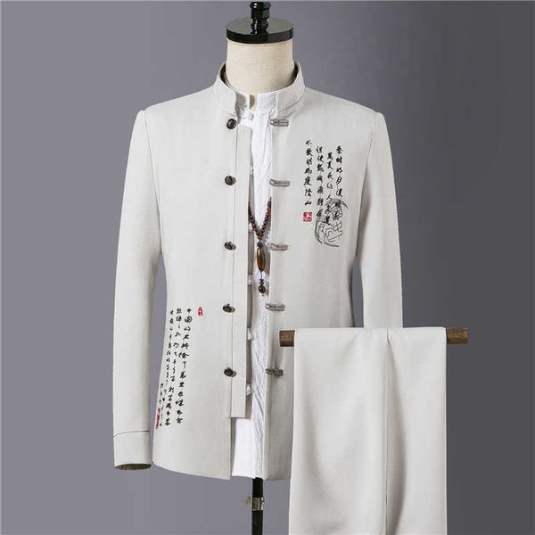 Sommer neue bestickte Anzug Männer Sets Slim Design männliche Blazer Jacken und Hosen klassischen chinesischen Retro-Stil Stehkragen Mann Anzug X0909