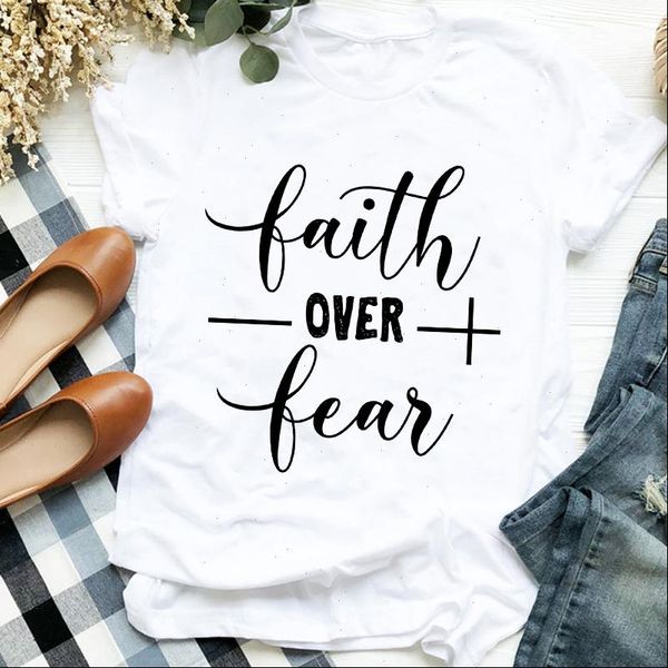 

women lady faith fear cute summer autumn kawaii clothing print womens clothes shirt t tee for tshirt female graphic, White