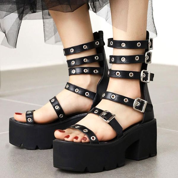 

dress shoes 2021 brand platform comfy walking square heeled gladiator buckles black gothic style summer sandals fashion woman