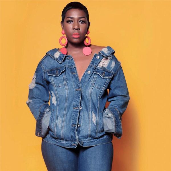 

women's jackets tmustobe plus size ripped denim jacket women streetwear back zipper jean long sleeve coat turn-down collar outwear fema, Black;brown
