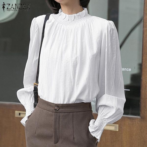

women's blouses & shirts stylish puff sleeve spring 2022 casual stand collar blusas female pleated solid ol chemise oversize, White