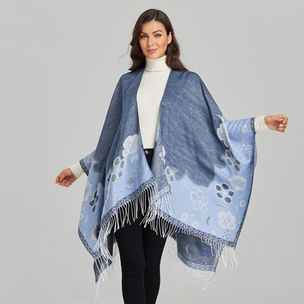 

scarves cape warm female 2021 shawl with tassels autumn winter muffler artificial cashmere cloak large size blanket, Blue;gray