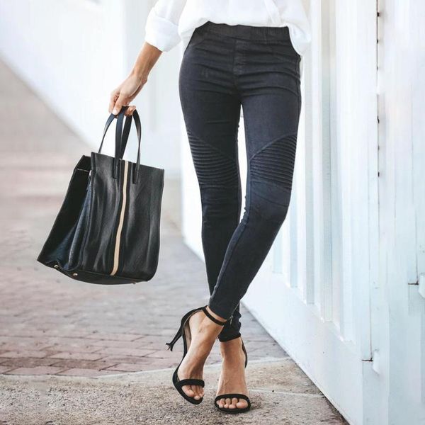 

women's jeans zipper pants autumn causal pleated stretch high waist pencil skinny streetwear fashion elastic trouser, Blue