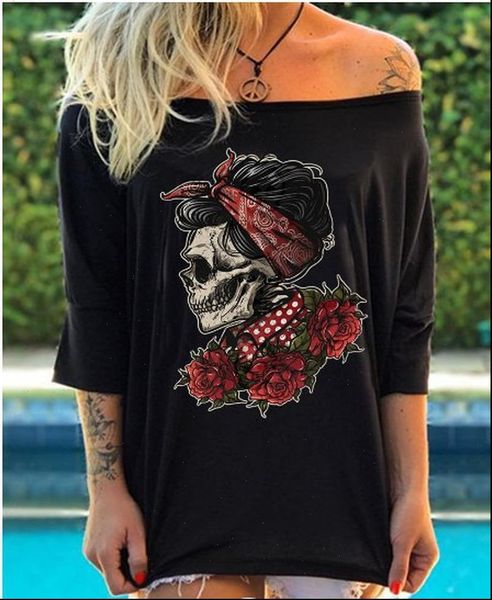 

casual punk style skull print rose t shirts women loose slash neck off shoulder tees 2021 femme tshirt plus size, White