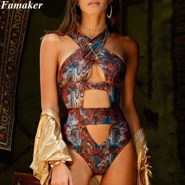 

one-piece suits famaker bikini snakeskin one piece swimsuit female hollow out swimwear women cross halter biquinis push up monokini