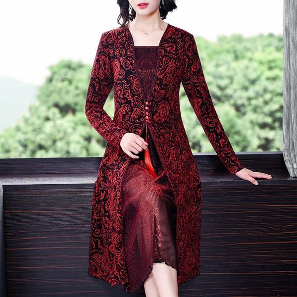 

casual dresses women elegant red print fake two pice feast spring 4xl plus size vintage jacquard midi dress bodycon party vestidos, Black;gray