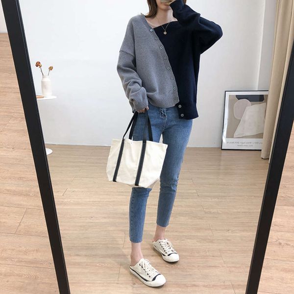 

fashion sleeve irregular oblique button design color contrast long t-shirt women's 2020 korean loose thin sweater bottom coat luxury, White;black