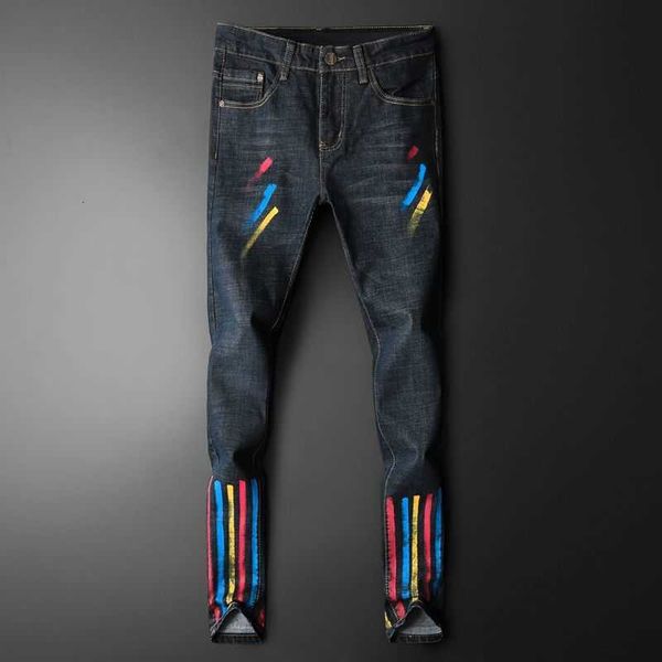 Jeans a righe colorate Uomo Elastic Force Punk Nightclub Personalità Dritto stampato Jean Man Trendy disegno colorato Denim Pant 210622