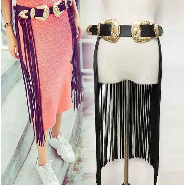 

designer fashion long tassel black new decorative belt ladies wild gold silver double buckle girdle, Black;brown