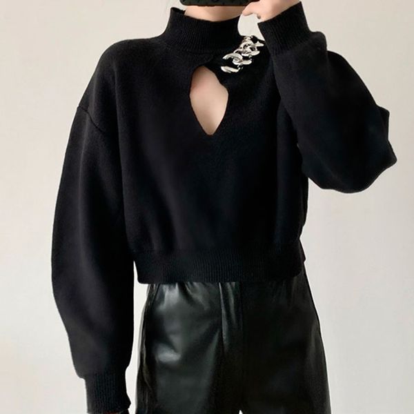 

2021 new front hollow out sweater women's long sleeve metal chain turtleneck black autumn winter h3v1, White;black