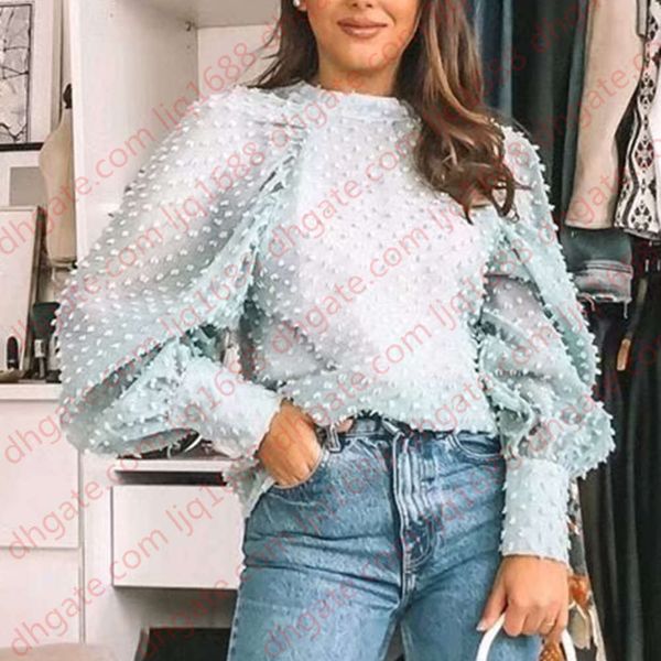 

women elegant blouse o neck lantern sleeve see through shirt female 2020 casual cozy blusas turquoise, White