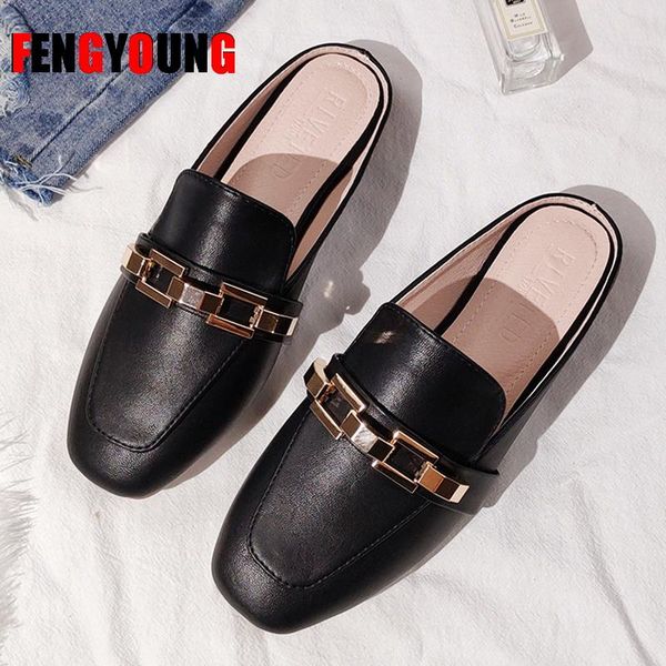 

slippers plus big size 43 chain mules luxury women slides square toe ladies striped shoes summer fashion footwear 2021, Black