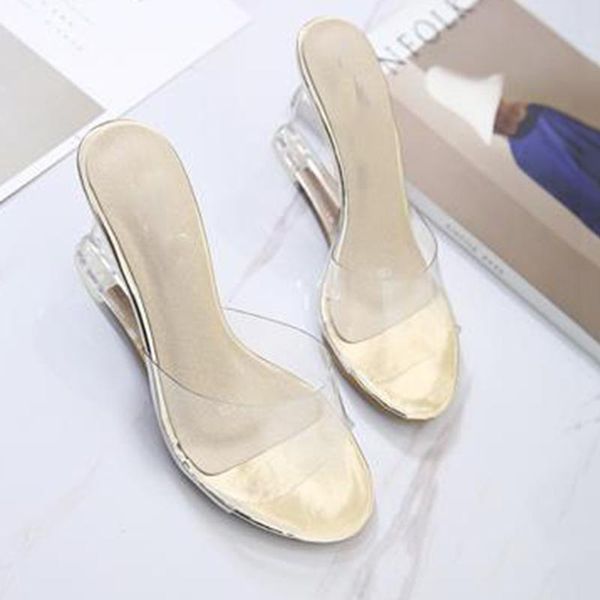 

slippers women's slope with summer all-match sandals pvc transparent high heels, Black