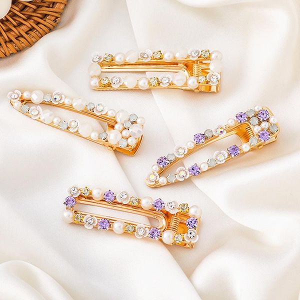 

hair clips & barrettes girl literary pearl rhinestone flower hairpin geometric metal accessories women sweet retro duckbill side clip, Golden;silver