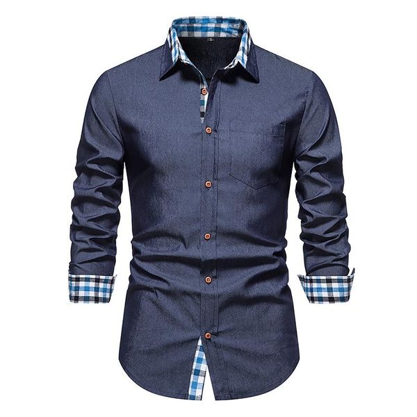

men's casual shirts mens plaid patchwork dress 2021 brand washed denim like shirt men slim fit long sleeve button down chemise 2xl, White;black