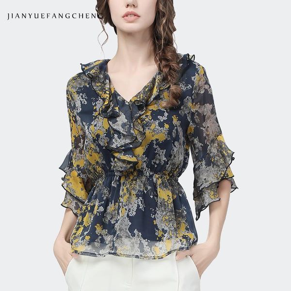 

women's blouses & shirts fashion cascading ruffles chiffon printing blouse women 2021 summer v-neck half sleeve elastic waist elegant, White