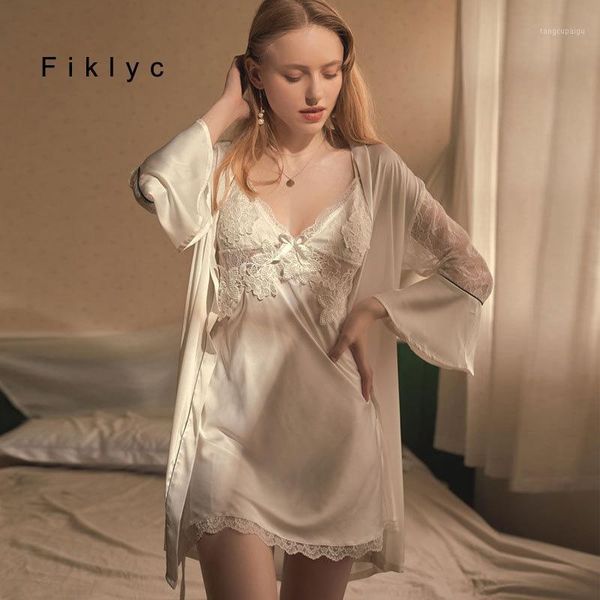 Mulheres Sleepwear Fiklyc Sexi Satin Vestido Sets Sleeves Bathrobes com mini nightdress 2 pejamas sexy nightwear 2021